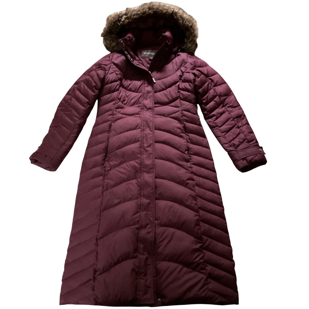 Eddie Bauer Sun Valley Down Parka Burgundy Maroon Faux Fur Hood Long Puffer Coat
